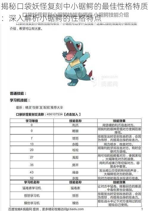 揭秘口袋妖怪复刻中小锯鳄的最佳性格特质:深入解析小锯鳄的性格特点