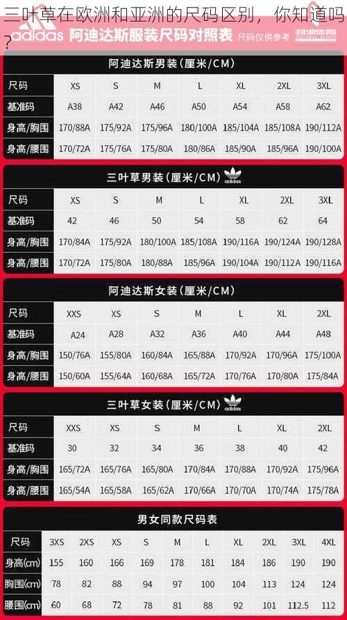 三叶草在欧洲和亚洲的尺码区别,你知道吗?