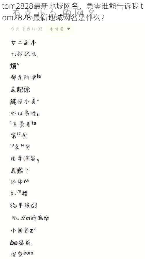 tom2828最新地域网名、急需谁能告诉我 tom2828 最新地域网名是什么?