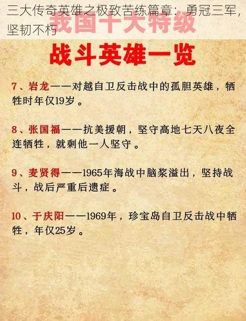 三大传奇英雄之极致苦练篇章:勇冠三军,坚韧不朽