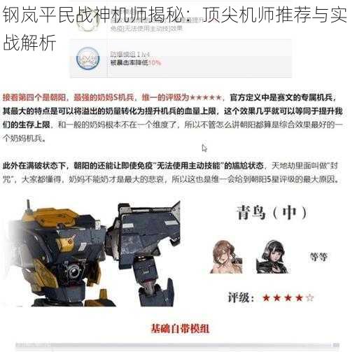 钢岚平民战神机师揭秘:顶尖机师推荐与实战解析